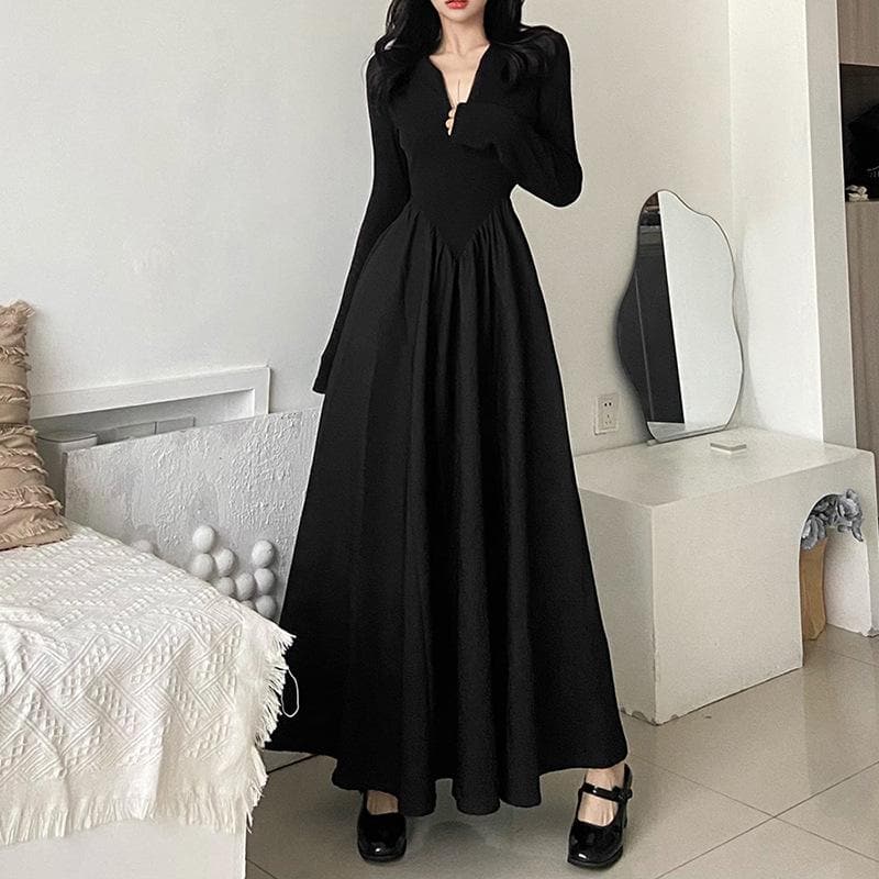 Solid long sleeve zip-up ruffle midi dress