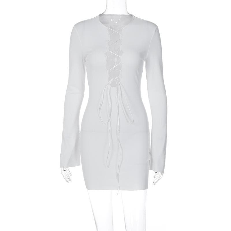Lace up solid long sleeve ribbed self tie mini dress