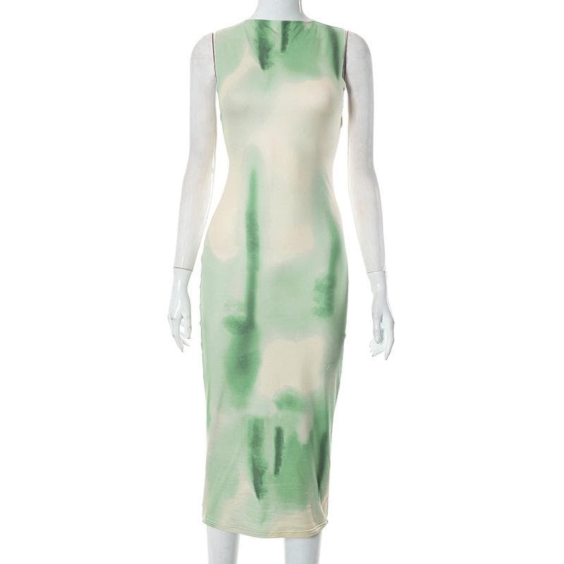 Tie dye sleeveless contrast crewneck midi dress