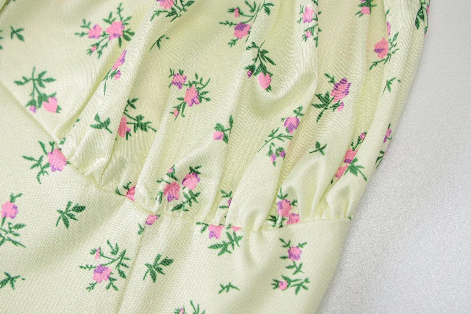 High slit floral heart neck ruched dress