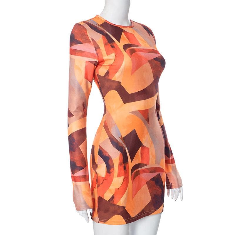 Contrast print long sleeve crewneck mini dress