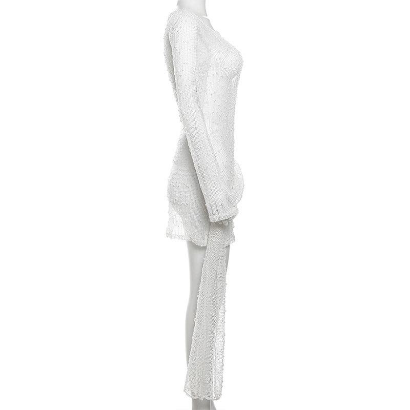 Textured see through o ring irregular long sleeve ruched mini dress