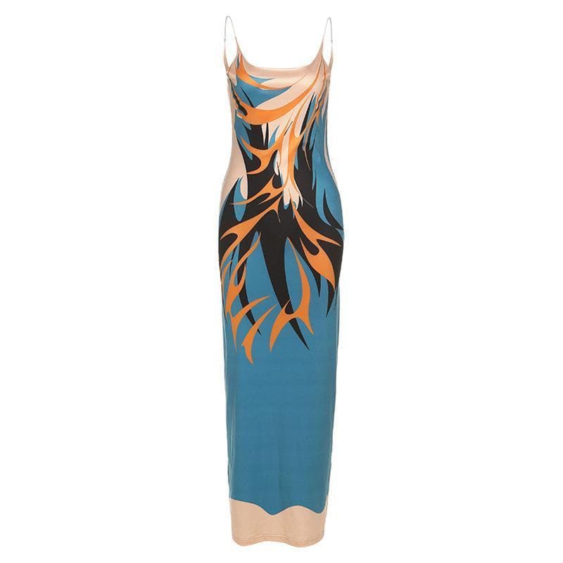 Low-cut print backless cami midi dress