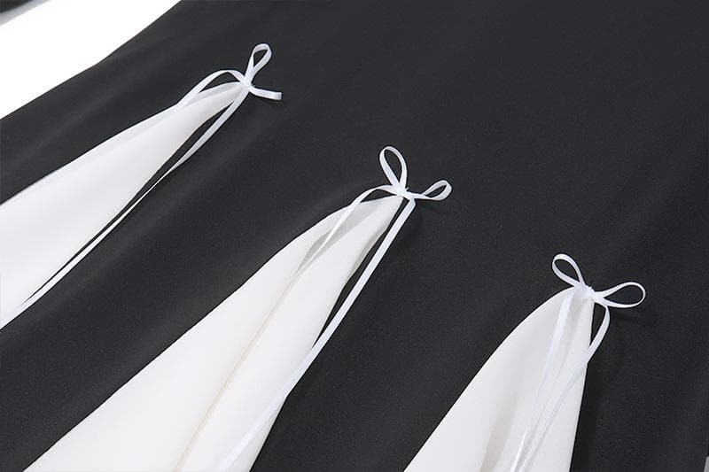 Long flared sleeve bowknot self tie u neck contrast patchwork mini dress