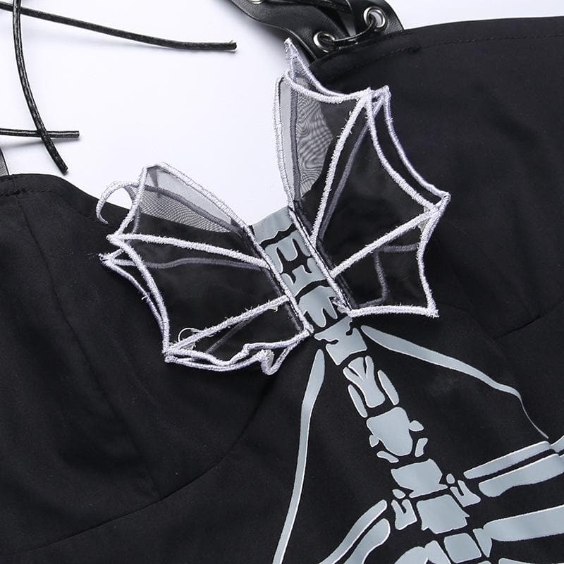 Halter backless v neck skull pattern ruched mini dress