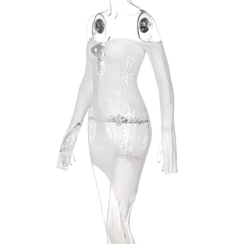 Long sleeve off shoulder fishnet see through dress