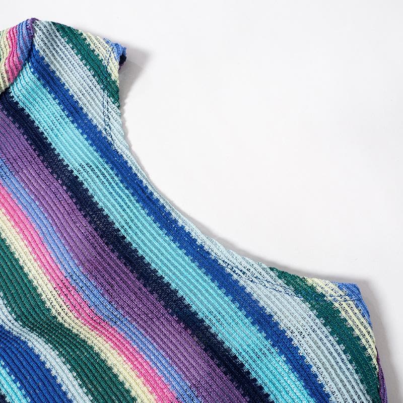 Long sleeve crewneck knitted backless striped self tie mini dress