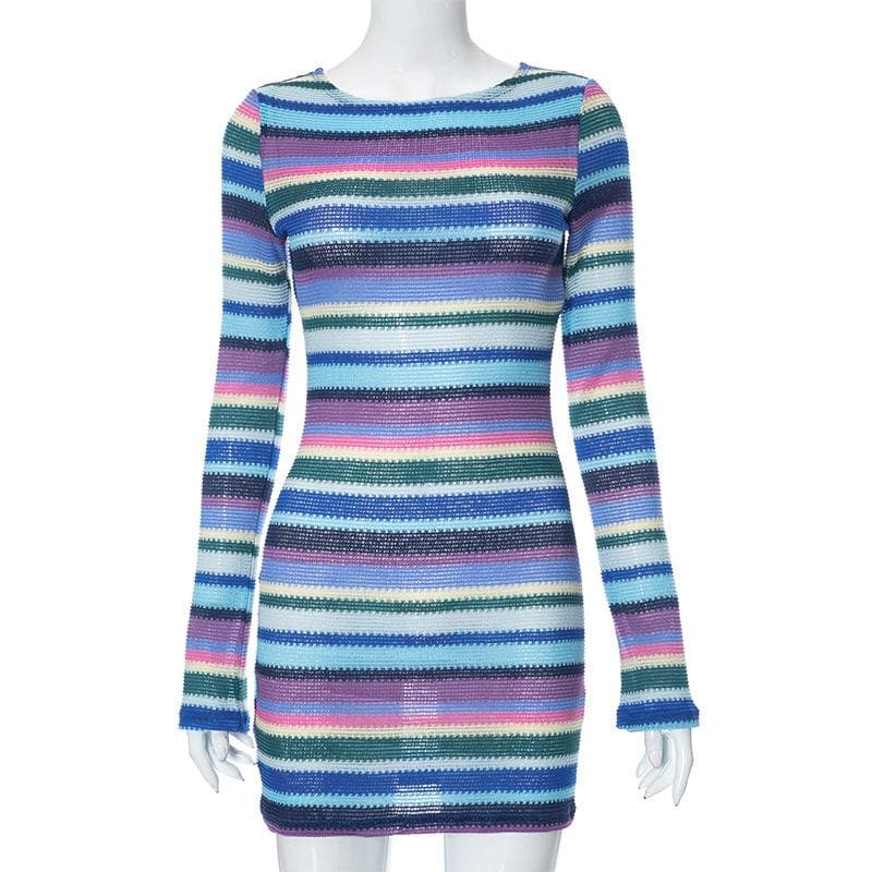 Long sleeve crewneck knitted backless striped self tie mini dress