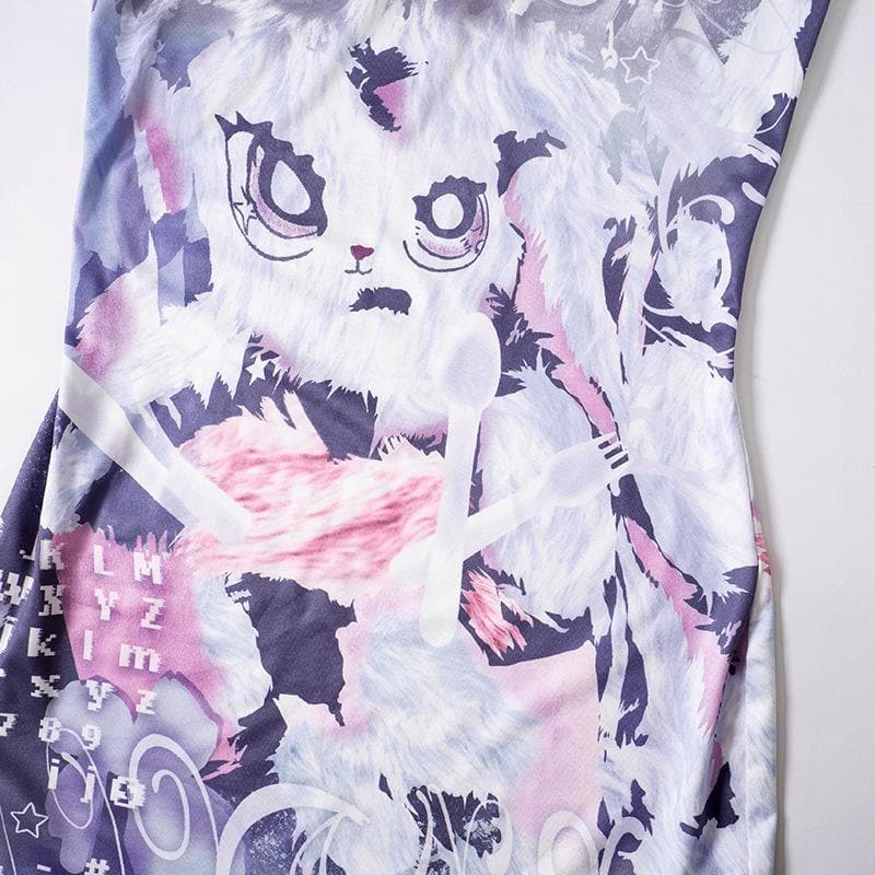 Comic pattern contrast ruffle backless square neck sleeveless mini dress