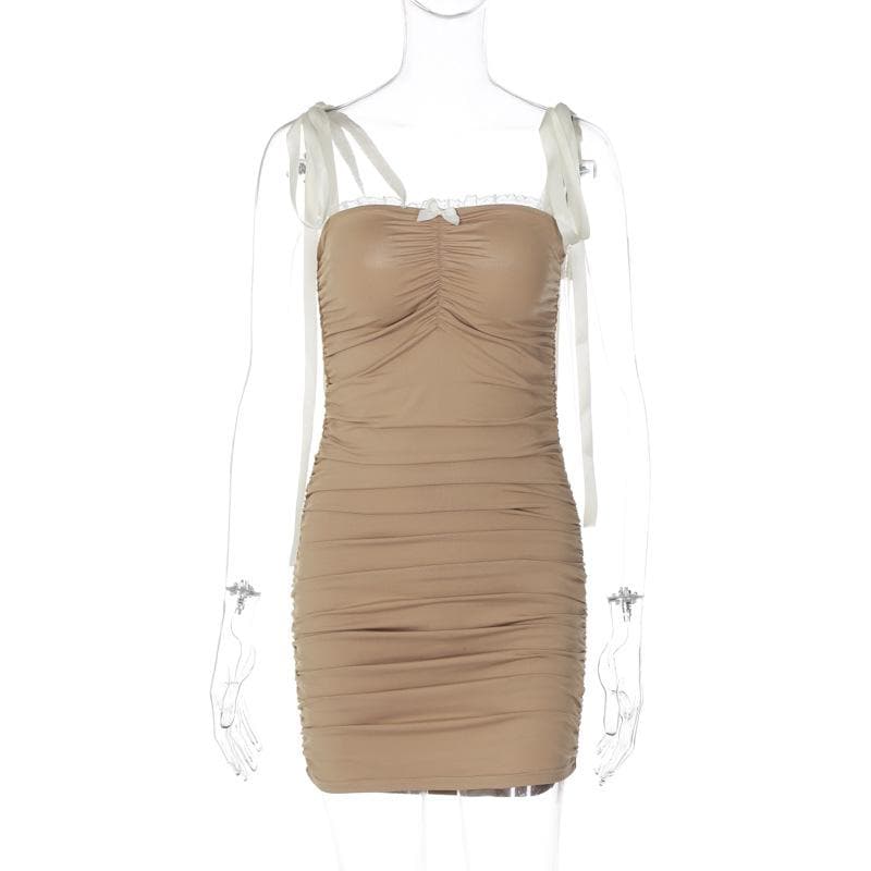 Ruched lace hem self tie square neck backless mini dress