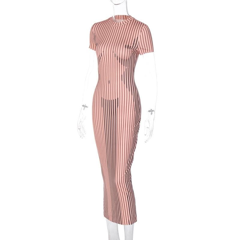 Crewneck body pattern short sleeve striped contrast midi dress