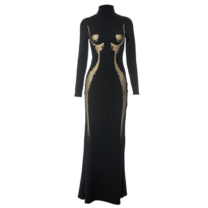 High neck long sleeve body print contrast maxi dress