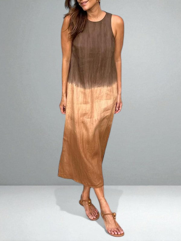 Round Neck Ombre Tie-Dye Sleeveless Straight Linen Maxi Dress