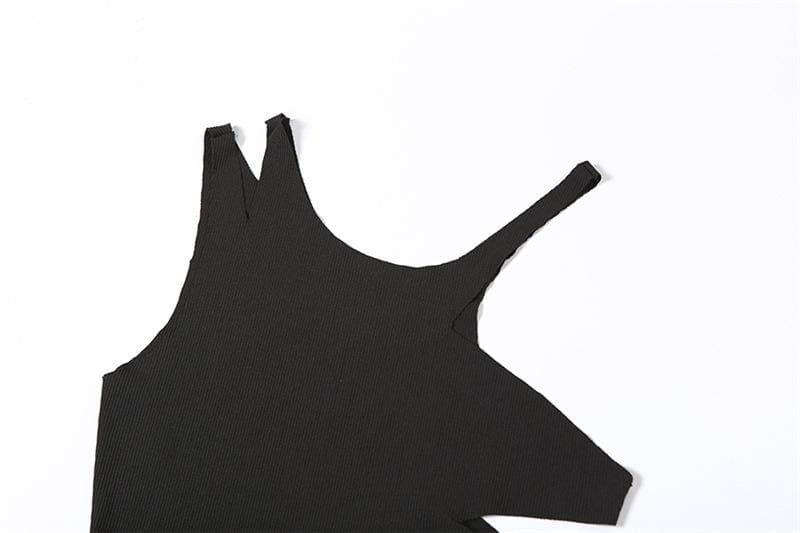 Ribbed solid hollow out sleeveless irregular slit midi dress