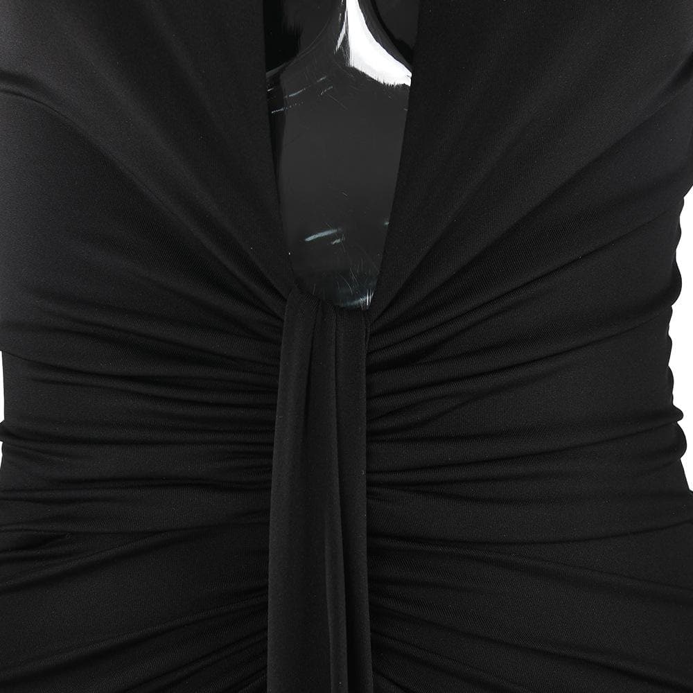 Long sleeve v neck solid ruched slit midi dress