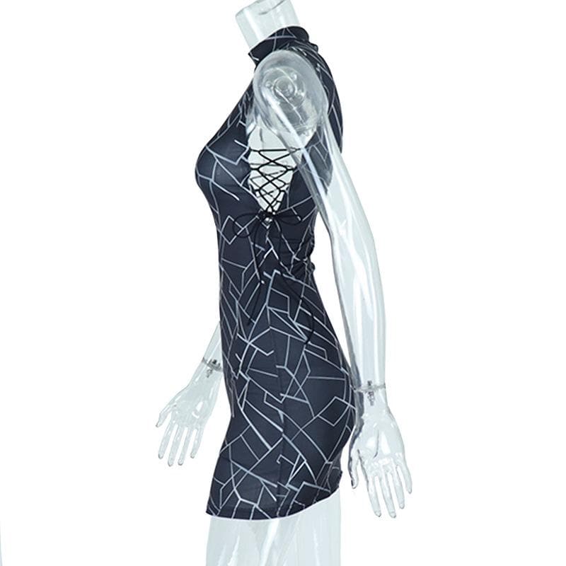 Sleeveless contrast hollow out lace up self tie mini dress