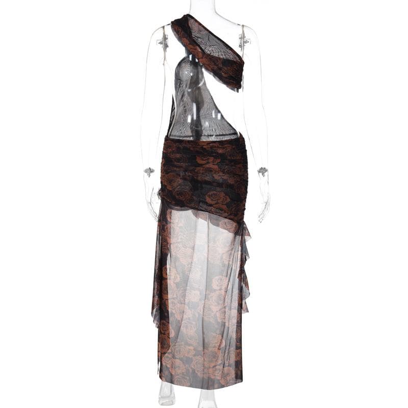 One shoulder ruffle flower print hollow out irregular slit midi dress
