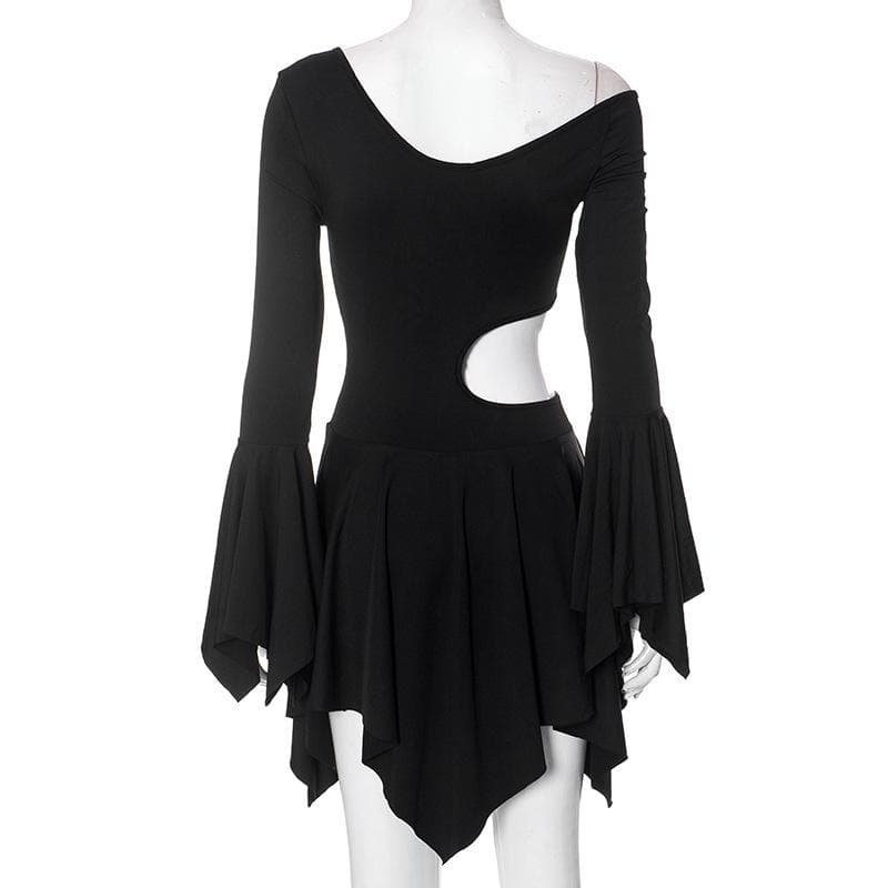Long flared sleeve irregular solid ruffle o ring hollow out mini dress