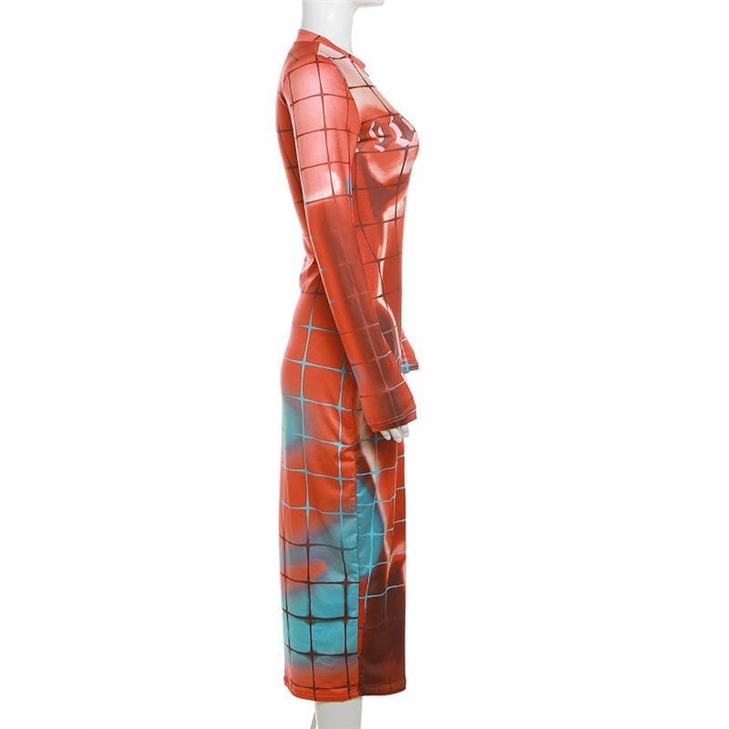 Plaid contrast body print long sleeve crewneck midi dress