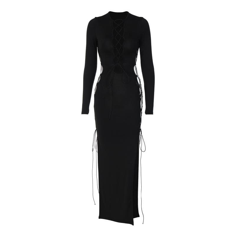 Long sleeve solid hollow out slit self tie lace up midi dress