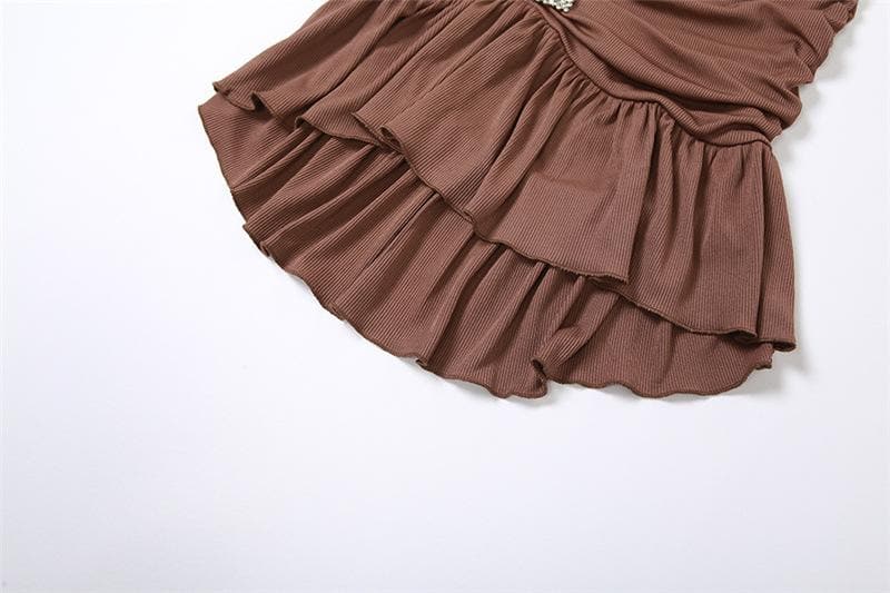 Ribbed buckle ruched ruffle solid backless tube mini dress