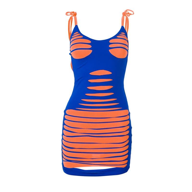 Contrast u neck self tie backless mini dress