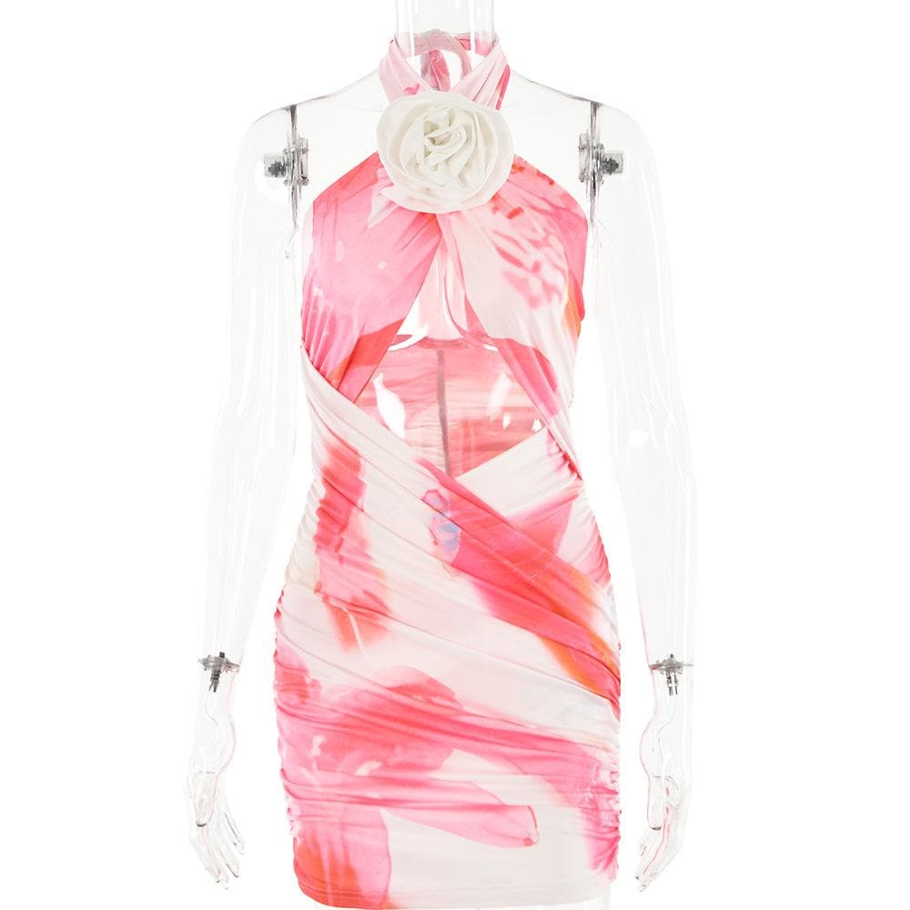 Flower applique cross front ruched contrast self tie mini dress