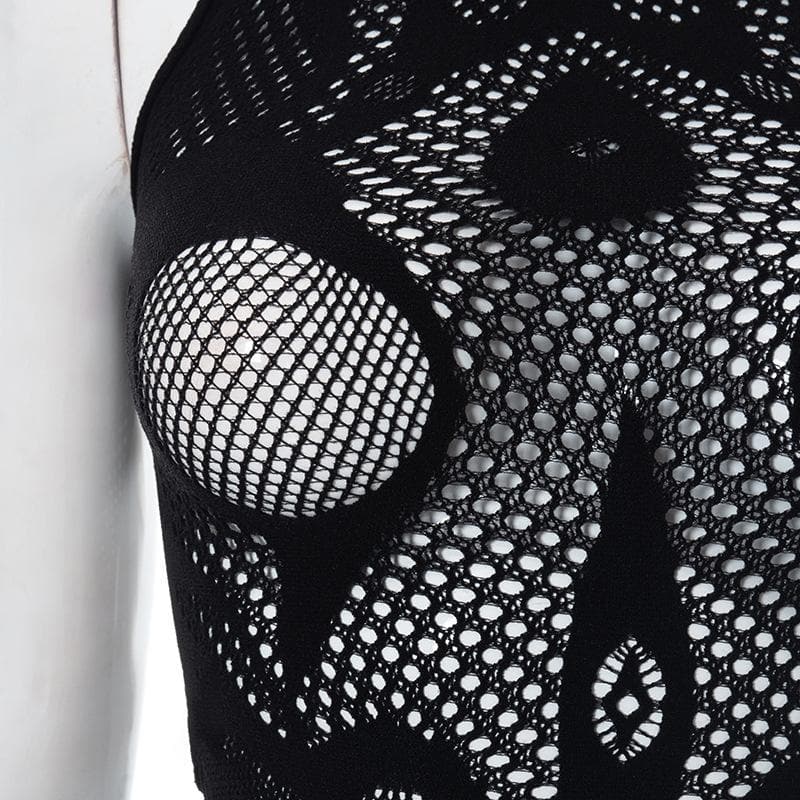 Fishnet sleeveless hollow out high neck see through mini dress