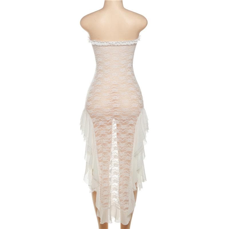 Lace see through ruffle backless slit tube midi dress