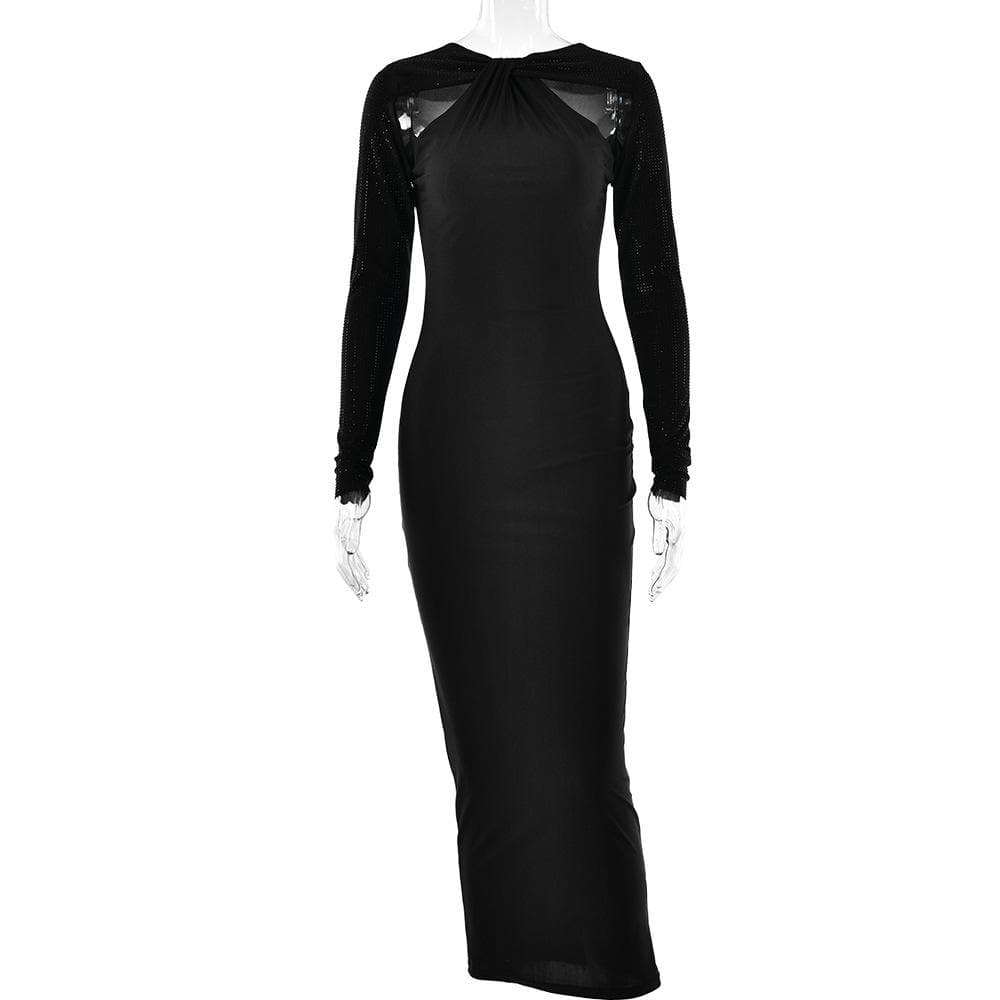 Long sleeve beaded zip-up hollow out patchwork maxi dress