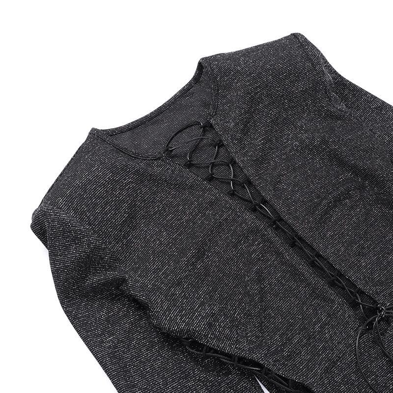 Long sleeve hollow out lace up gloves textured mini dress - Final Sale