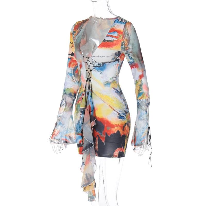 Lace up contrast flared sleeve self tie tie dye mini dress