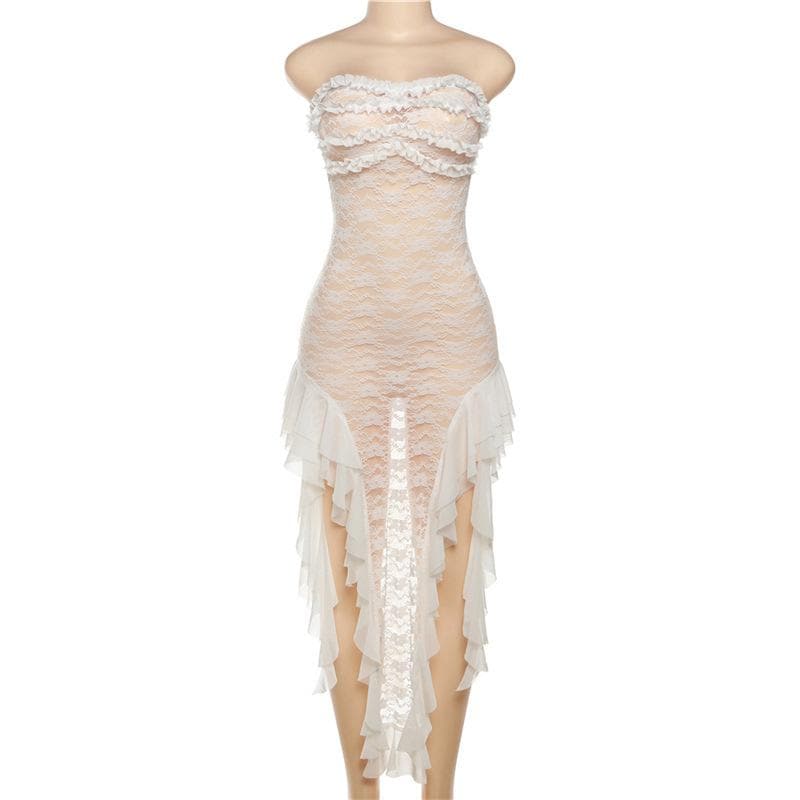 Lace see through ruffle backless slit tube midi dress