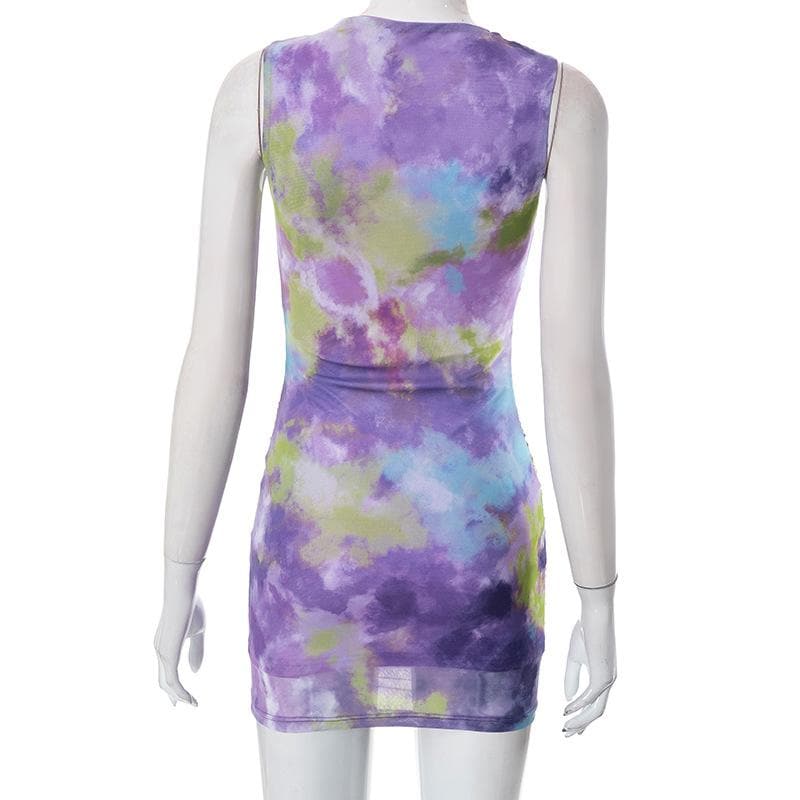 Ruched tie dye sleeveless crewneck mesh mini dress - Final Sale