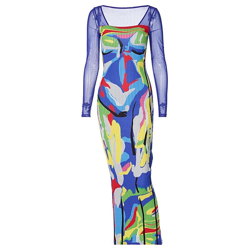 Long sleeve contrast abstract mesh midi dress