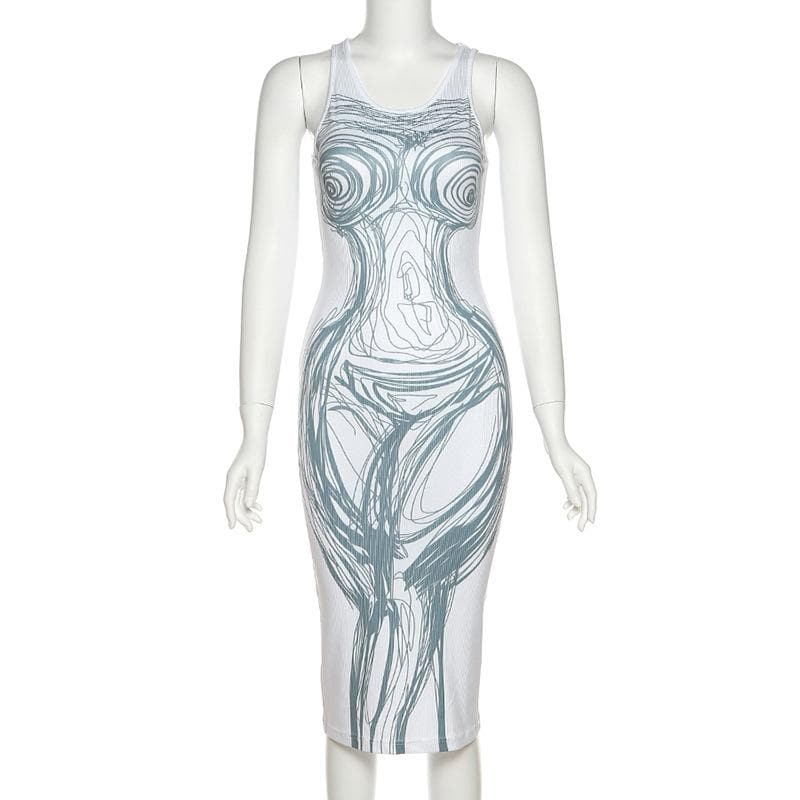 Line pattern contrast u neck body print sleeveless midi dress