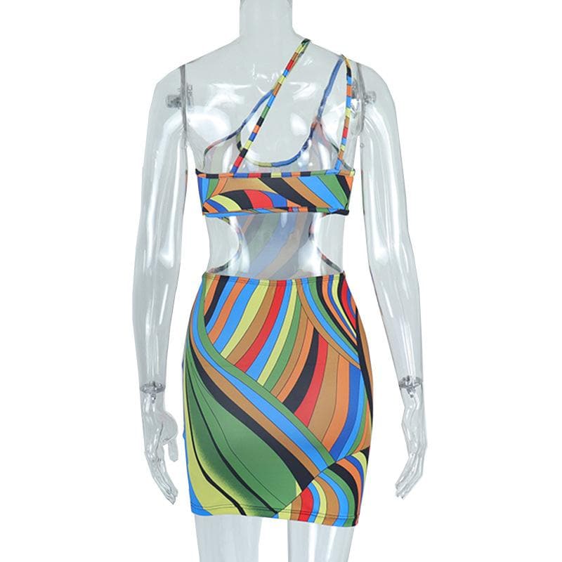 Contrast print irregular hollow out one shoulder mini dress