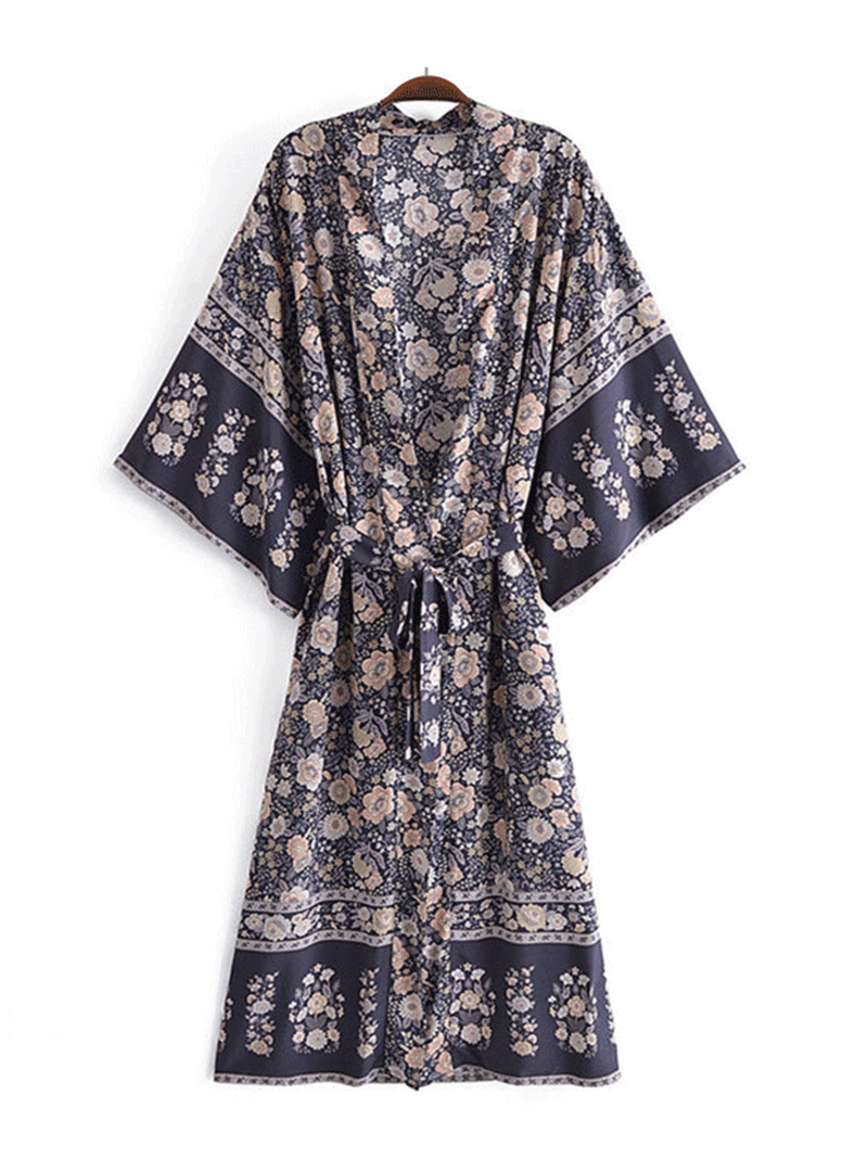 Black Bohemian Floral Medallion Border Belted Flared Sleeve Long Kimono Robe