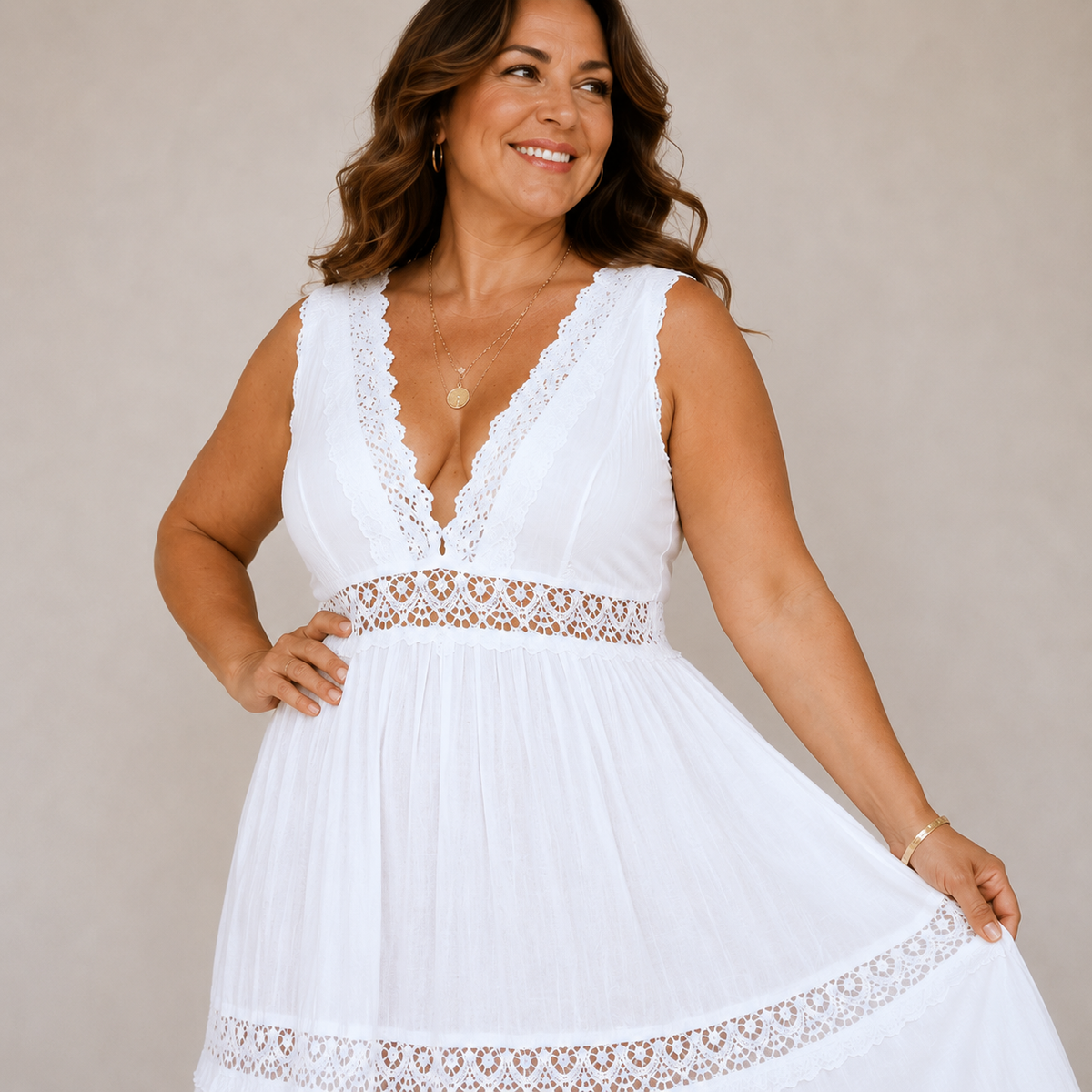 V-Neck Lace Trim Crochet Inset Sleeveless Tiered Boho Maxi Dress