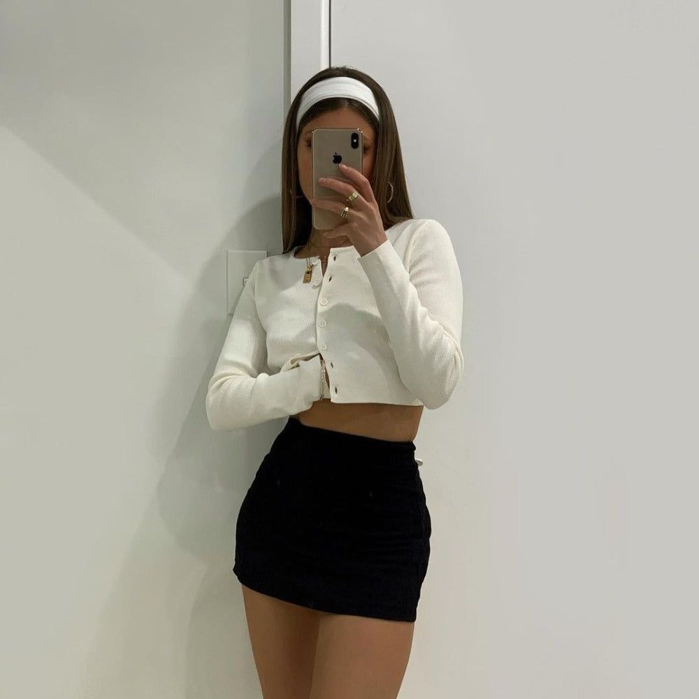 Round Neck Button Front Ribbed Knit Crop Cardigan