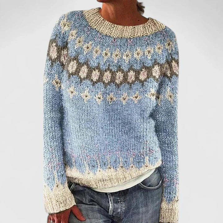 Round Neck Fair Isle Long Sleeve Knit Sweater
