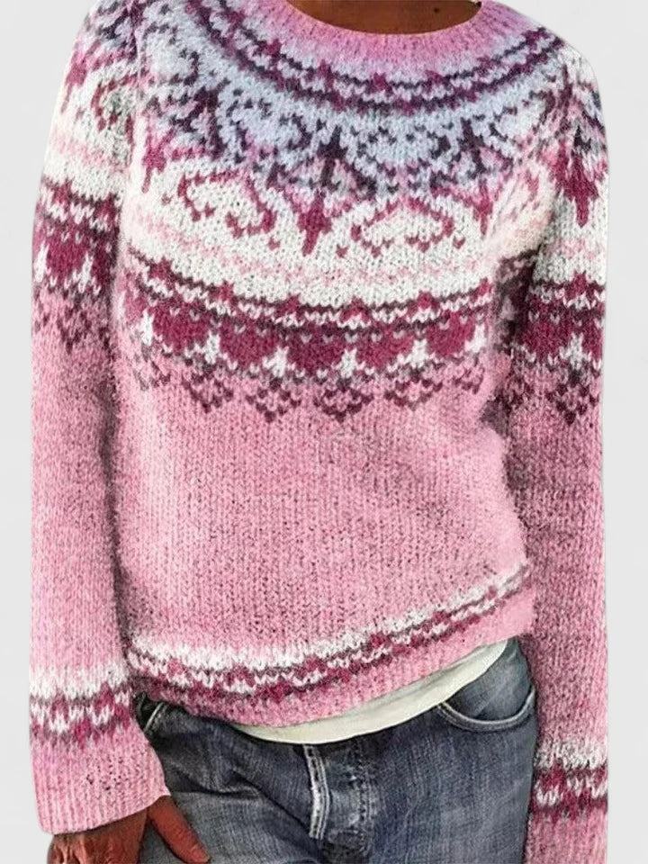 Round Neck Fair Isle Long Sleeve Knit Sweater