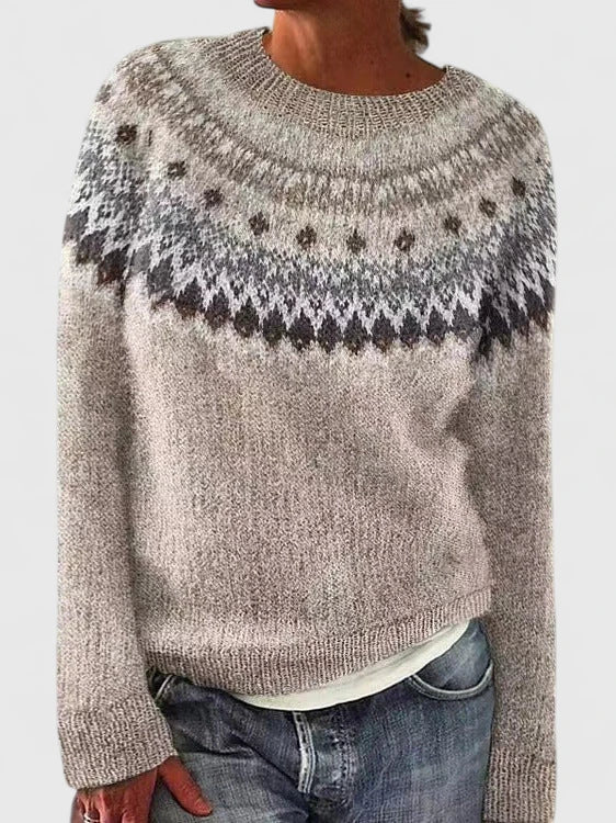 Round Neck Fair Isle Long Sleeve Knit Sweater