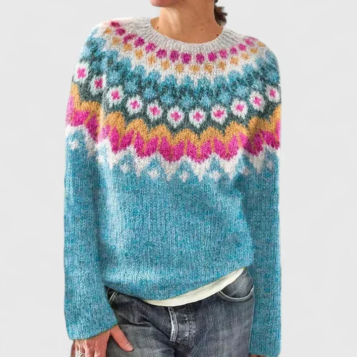 Round Neck Fair Isle Long Sleeve Knit Sweater