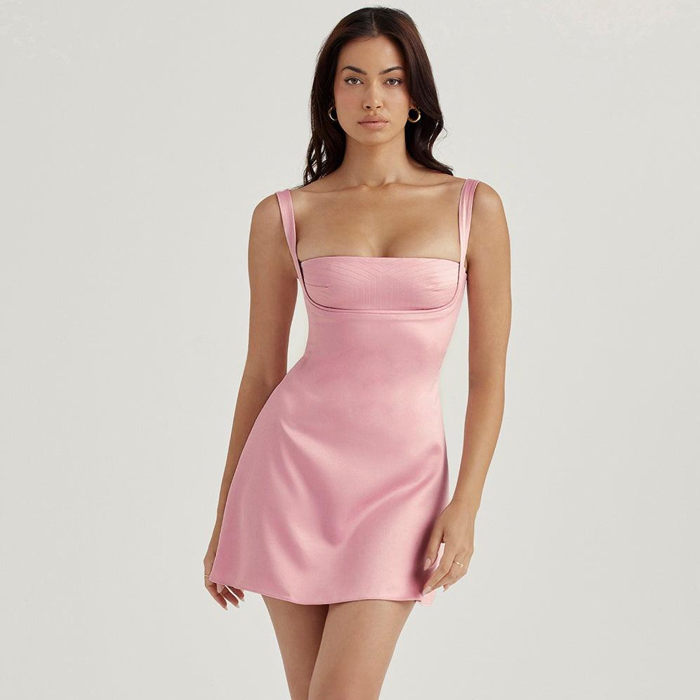 Pink Square Neck Wide Strap Satin A-Line Mini Dress