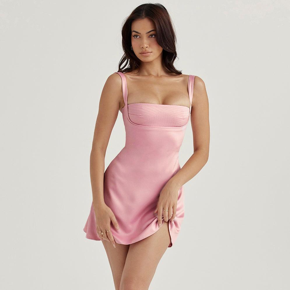 Pink Square Neck Wide Strap Satin A-Line Mini Dress