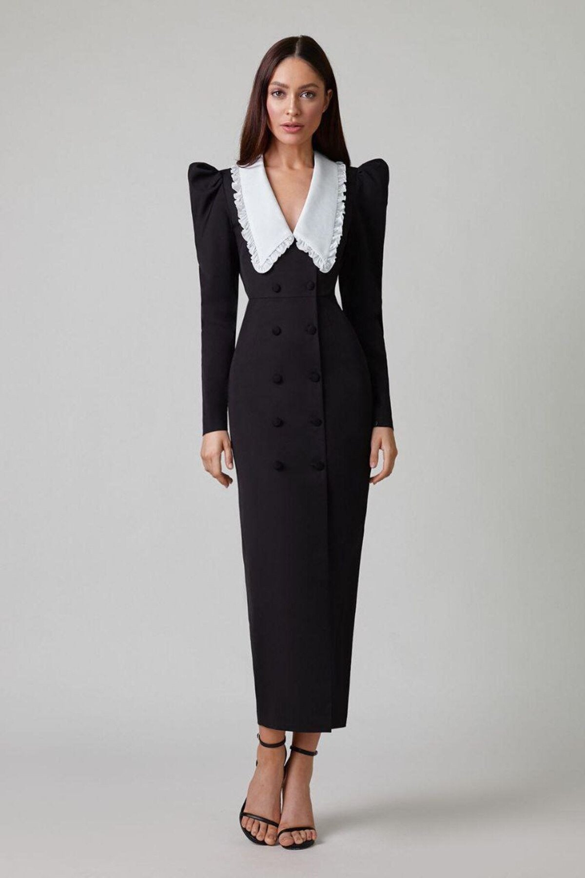 Kathy Peter Pan Collar V - neck Midi Dress