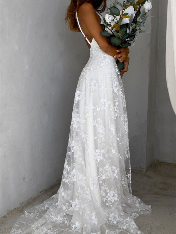 V-neck Lace Open Long Dress