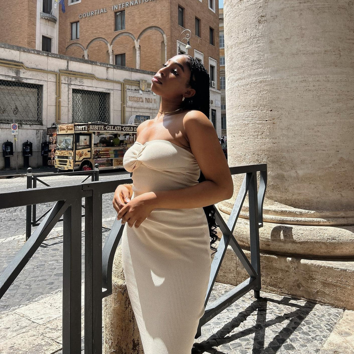 Beige Strapless Twist Knot Front Ribbed Knit Bodycon Maxi Dress 8