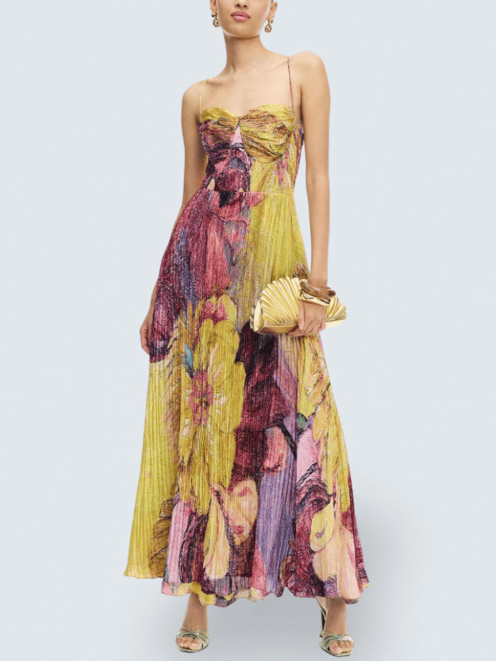 Kiara Multicolored Spaghetti Strap Floral Pleated Cutout Waist Flowy Maxi Dress